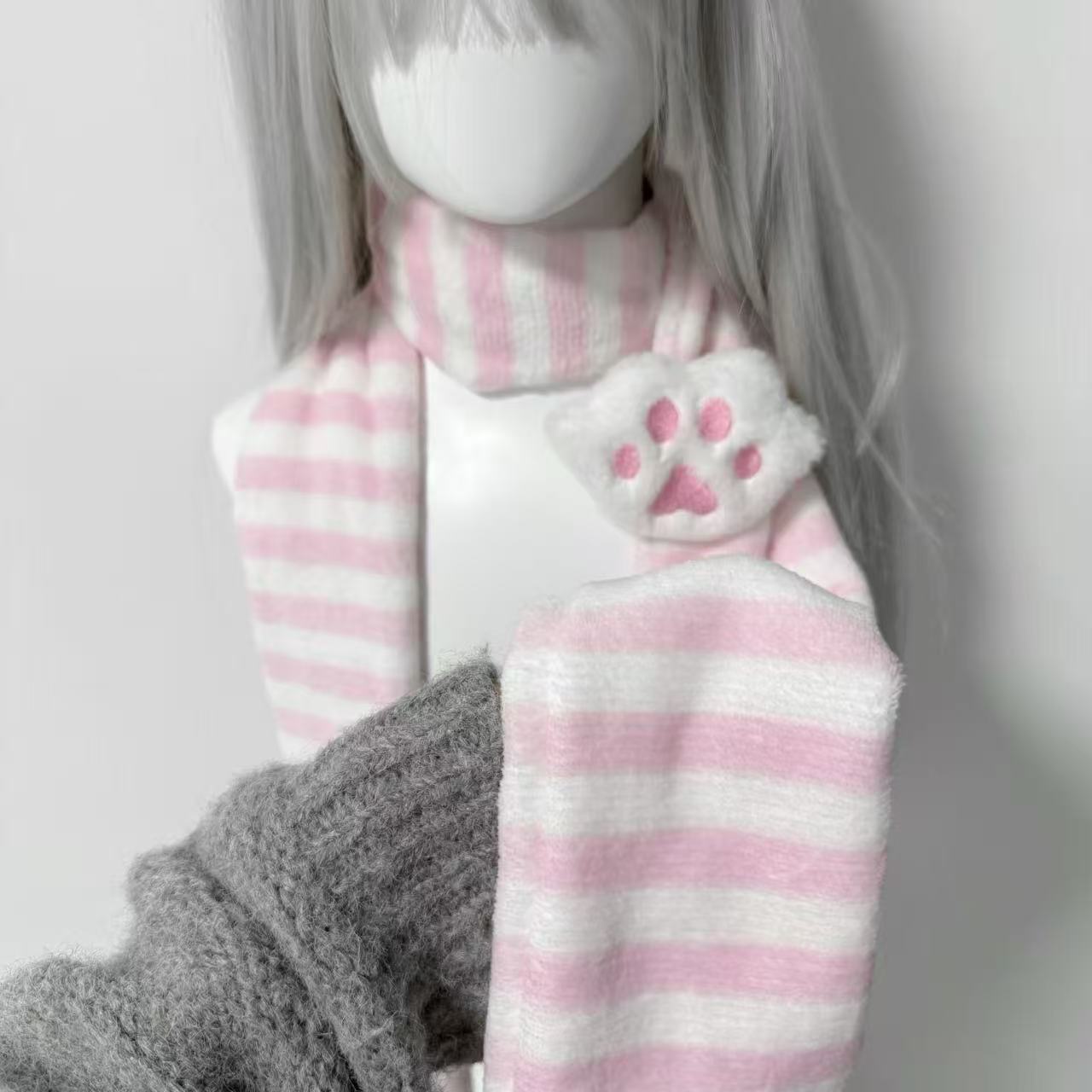 Women'S Winter Accessories Set - Kawaii Kniied Eşarp Kedi Pençe Dekorasyon
